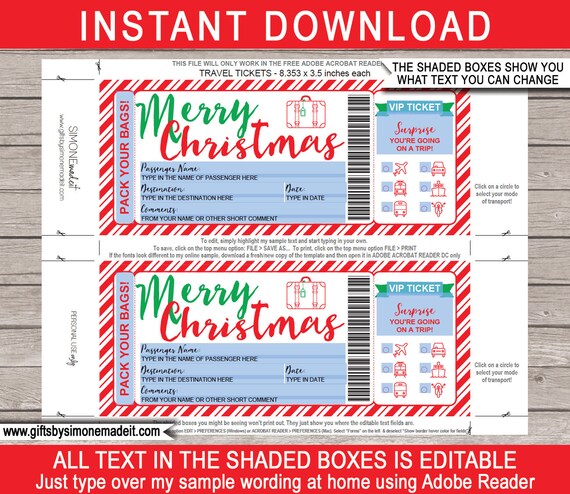 christmas surprise vacation travel ticket template boarding etsy ireland