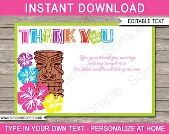 Luau Party Thank You Cards - Printable Thank You Notes - Luau Theme - Birthday Party - 4x6 inch - INSTANT DOWNLOAD with EDITABLE text