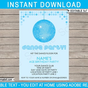 Dance Theme Party Invitation Template - Printable Disco Birthday Party Invite - INSTANT DOWNLOAD with EDITABLE text - you personalize