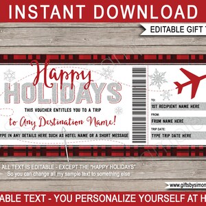 Holiday Plane Ticket Voucher Template - Surprise Trip Reveal Gift Idea - Winter Vacation - Buffalo Plaid - INSTANT DOWNLOAD - EDITABLE text