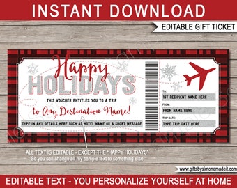 Holiday Plane Ticket Voucher Template - Surprise Trip Reveal Gift Idea - Winter Vacation - Buffalo Plaid - INSTANT DOWNLOAD - EDITABLE text