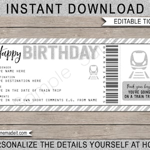 Regalo de tarjeta de embarque de billete de tren de cumpleaños - Viaje sorpresa en tren revelar billete falso - Plantilla de tarjeta de cupón de plata - DESCARGA DE TEXTO EDITABLE