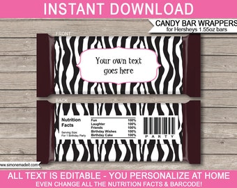 Zebra Candy Bar Wrappers: Editable Birthday Party Favors (Instant Download)