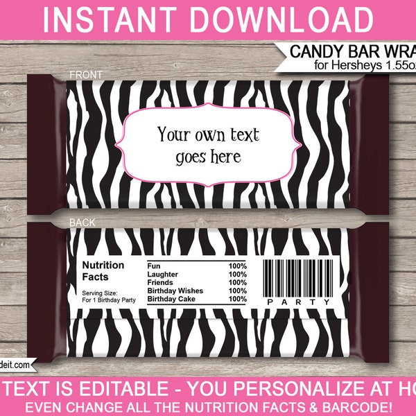 Zebra Candy Bar Wrappers - Birthday Party Favors - Chocolate Labels - INSTANT DOWNLOAD with EDITABLE text - you personalize at home