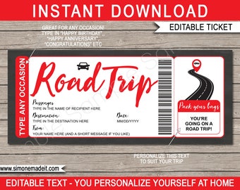 Printable Editable Road Trip Reveal Ticket Gift Template - Surprise Car Trip Getaway Holiday Vacation - Any Occasion - INSTANT DOWNLOAD