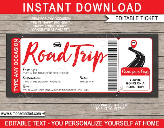 Printable Editable Road Trip Reveal Ticket Gift Template - Surprise Car ...