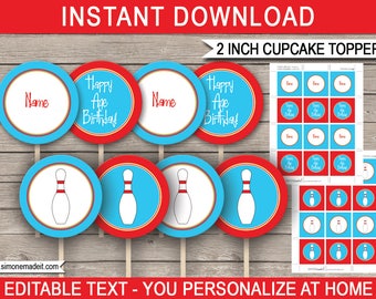 Printable Bowling Party Cupcake Toppers - Bowling Theme - Party Decorations - Bowling Gift Tags - 2 inch - INSTANT DOWNLOAD - EDITABLE text