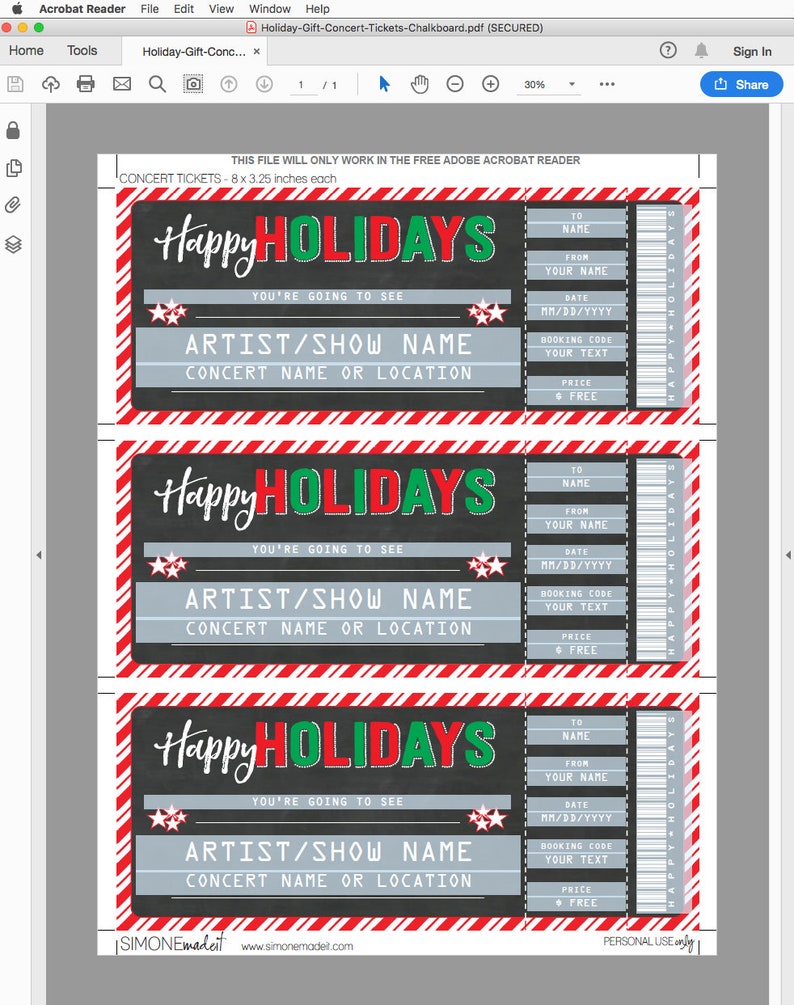 printable concert ticket template holiday gift surprise etsy