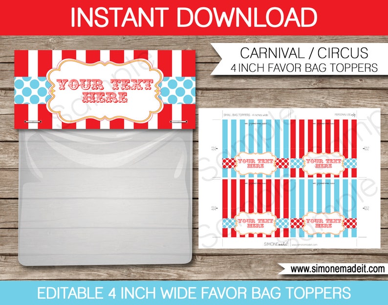 Red & Aqua Circus Favor Bag Toppers Template - Printable Birthday Party Decorations - Thank You Gift - Carnival Theme - INSTANT DOWNLOAD - EDITABLE Text