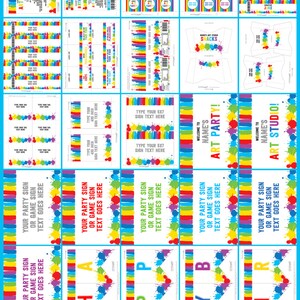 May include: A collection of printable templates with a colorful art party theme. The designs include invitations, signs, and labels with space for custom text. The text "ART PARTY" is prominently displayed, along with the website www.simonemadeit.com.