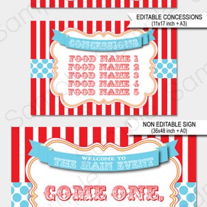Red & Aqua Circus Sign Templates - Printable Birthday Party Decorations - Concessions - Games - Come One Come All - Step Right Up - Carnival Theme - INSTANT DOWNLOAD - EDITABLE Text