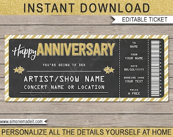 Printable Concert Ticket Gift for Anniversary - Gift Voucher, Certificate - Surprise Concert, Show, Band - INSTANT DOWNLOAD - EDITABLE text