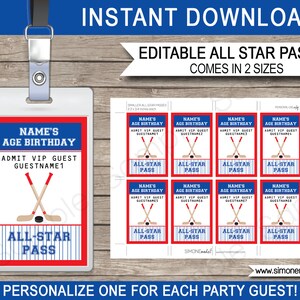 Hockey VIP Passes Template - All Star - Hockey Birthday Party Team Decorations - INSTANT DOWNLOAD with Editable text - you personalize