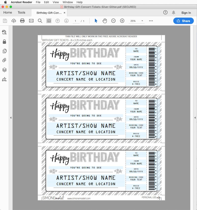 birthday gift concert ticket printable gift voucher etsy