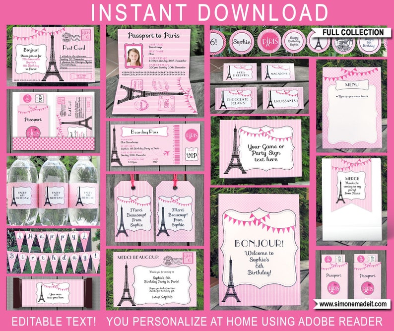 Paris Theme Party Templates with Invitation Printable Girls Birthday Decoration Bundle Pack Package Set Kit Collection DIY EDITABLE TEXT image 1