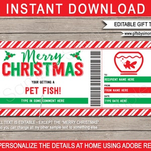 Haustier Fisch Geschenkgutschein Vorlage - Druckbare Weihnachtsgutschein Ticket Coupon für Kinder - INSTANT DOWNLOAD mit EDITIERBARE Text