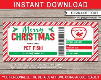 Pet Fish Gift Certificate Template - Printable Christmas Voucher Ticket Coupon for kids - INSTANT DOWNLOAD with EDITABLE text