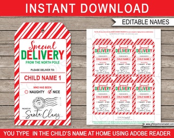Santa Tags Printable Template - Christmas Gift Labels - Custom Personalized Special Delivery North Pole - INSTANT DOWNLOAD - EDITABLE text