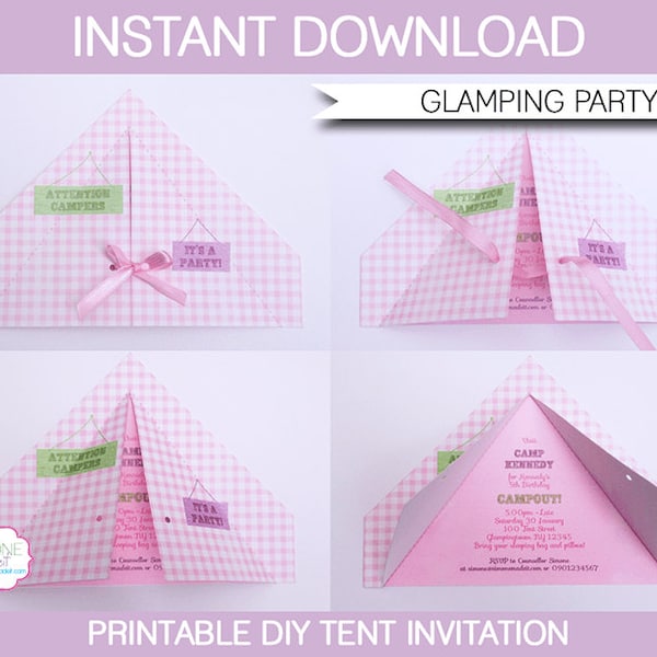 Camping Tent Invitation Template - Printable Glamping Birthday Party Invite - INSTANT DOWNLOAD with EDITABLE text - you personalize at home