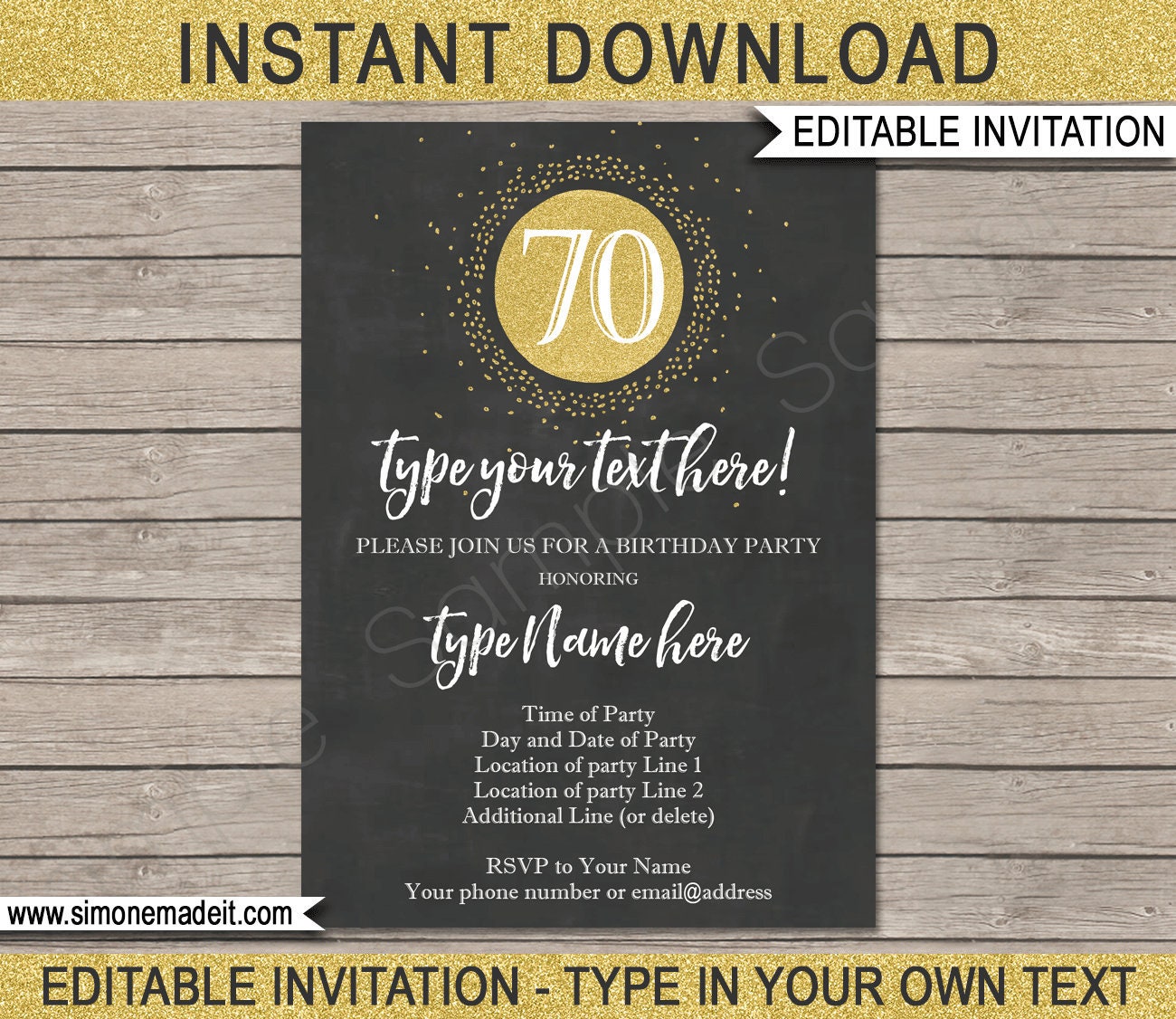 70th Birthday Invitation Template Chalkboard & Gold Glitter Etsy