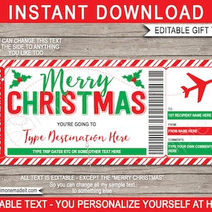 Modèle de carte d'embarquement, voyage surprise, faux billet d'avion, cadeau de Noël, vol avion, destination, compagnie aérienne - texte en téléchargement instantané modifiable