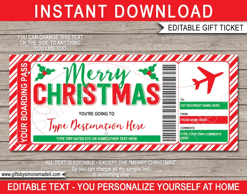 Boarding Pass Template Surprise Trip Fake Plane Ticket Christmas Gift, Airplane Flight Destination Airline INSTANT DOWNLOAD text EDITABLE image 1