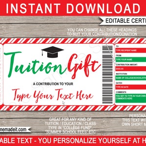 College Tuition Gift Certificate Template - Printable University Download - College Fund Voucher Coupon Ticket Fee Contribution