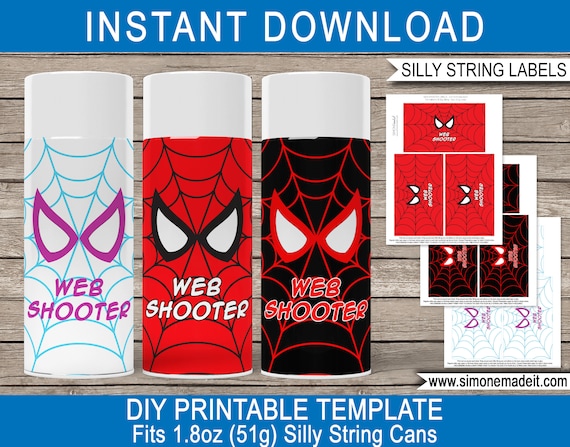 Spiderman Silly String Label Template Bundle - Superhero Birthday Party Game Activity Favor