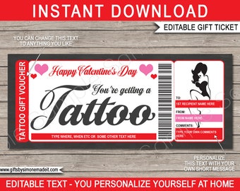 Tattoo Ticket Gift Certificate Voucher Card Template, Happy Valentines Day, Get Inked Pinup Girl Design, INSTANT DOWNLOAD with EDITABLE text