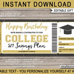 College Fund 529 Savings Plan Gift Certificate Template - Birthday Gift - Graduation Contribution Donation - DIY Coupon - EDITABLE DOWNLOAD