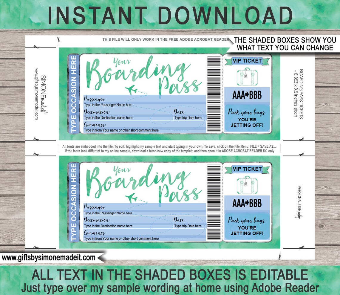 Fake Boarding Pass Template Plane Ticket Gift Printable - Etsy