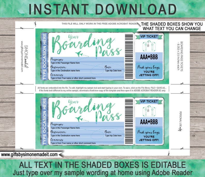 fake boarding pass template plane ticket gift printable etsy