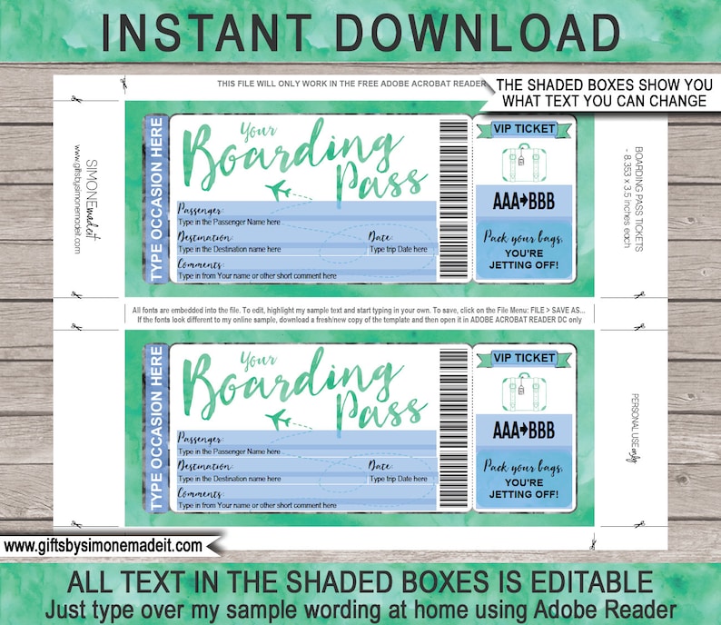 fake boarding pass template plane ticket gift printable etsy