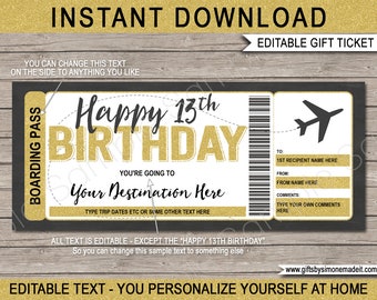 13th Birthday Boarding Pass Template - Surprise Trip Gift - Fake Plane Ticket Coupon - Airplane Flight Destination - EDITABLE TEXT DOWNLOAD