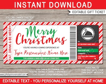 May include: A printable Christmas gift certificate with a red and white candy cane stripe design. The text reads "Merry Christmas" and "You're having a dining experience at [Type Restaurant Name Here]" with space to add the recipient's name, the giver's name, and a personalized message.