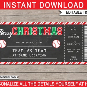 Weihnachten Baseball Ticket Geschenkvorlage - Druckbare Überraschungsgutschein Zertifikat - INSTANT DOWNLOAD mit EDITIERBARE Text