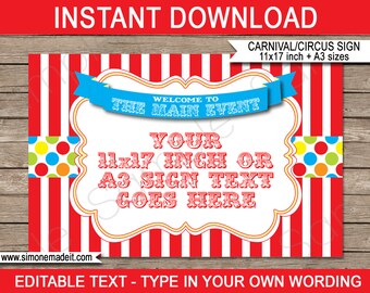 Carnival Welcome Sign: Editable Circus Party Decor (PDF Template)