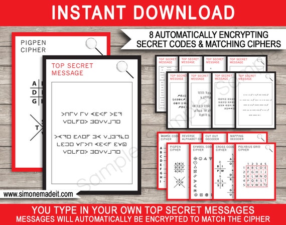 Spy Party Games - Secret Agent Party - 8 Secret Codes and Ciphers - INSTANT DOWNLOAD with EDITABLE text - you personalize at home Il_570xn