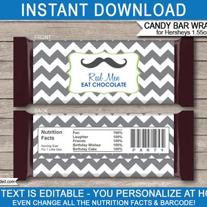 Mustache Candy Bar Wrappers: Little Man Birthday Party Favors (INSTANT DOWNLOAD)