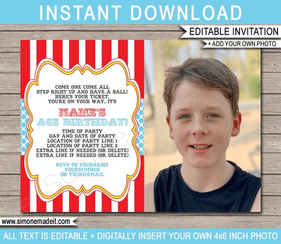 Circus Photo Invite Printable Birthday Party Invitation Template - Carnival Circus Theme - INSTANT DOWNLOAD with EDITABLE text - you edit Il_570xn