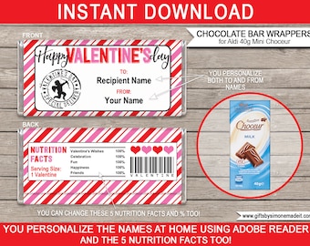 May include: Printable Valentine's Day chocolate bar wrappers for Aldi 40g Mini Choceur. The wrappers feature a red and white striped design with pink accents. The front of the wrapper has a heart with an arrow and the text "Happy Valentine's Day". The back of the wrapper has a nutrition facts label with the text "Valentine's Wishes", "Celebration", "Fun", "Happiness", and "Friends".