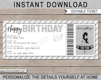 Tattoo Gift Ticket - Printable Birthday Gift Certificate Voucher Card Coupon Template - EDITABLE TEXT DOWNLOAD - you personalize at home