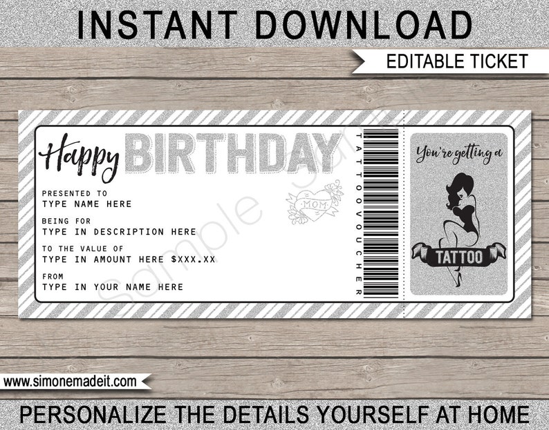 tattoo gift birthday ticket voucher certificate printable template vouchers text editable instant personalize templates glitter tattoo gift birthday ticket voucher certificate printable template vouchers text editable instant personalize templates glitter