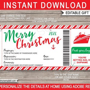 Kerstcruise ticket instapkaart cadeausjabloon - verrassing cruiseschip onthullen - afdrukbare cadeaubon - tekst INSTANT DOWNLOAD BEWERKBAAR
