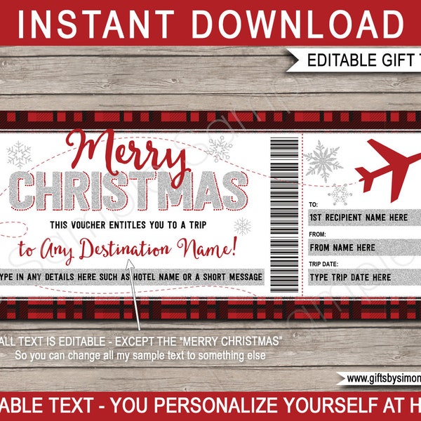 Christmas Plane Ticket Voucher Template - Surprise Trip Reveal Gift Idea - Winter Holiday - Buffalo Plaid - INSTANT DOWNLOAD - EDITABLE text