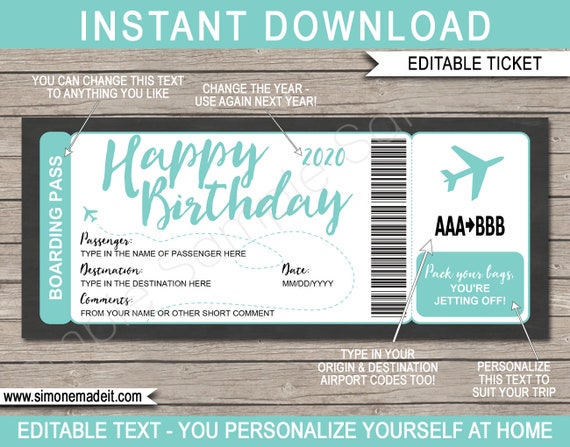Editable Boarding Pass Template Surprise Birthday Fake Airline Ticket Trip Gift, Airplane Flight Destination Plane, Aqua - INSTANT DOWNLOAD Il_570xn