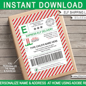 Etiquetas de envío de elfo Pegatinas de correo del Polo Norte Plantilla de etiqueta de regalo - Grande - Paquete de llegada de elfo - DESCARGA INSTANTÁNEA con nombre y dirección EDITABLES