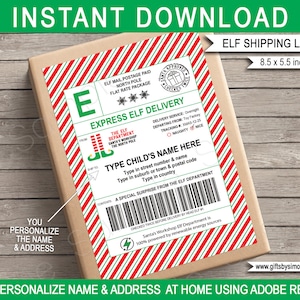 Elf Shipping Labels North Pole Mail Stickers Gift Tag Template - Large - Elf Arrival Package - INSTANT DOWNLOAD with EDITABLE Name & Address