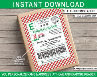 Elf Shipping Labels North Pole Mail Stickers Gift Tag Template - Large - Elf Arrival Package - INSTANT DOWNLOAD with EDITABLE Name & Address