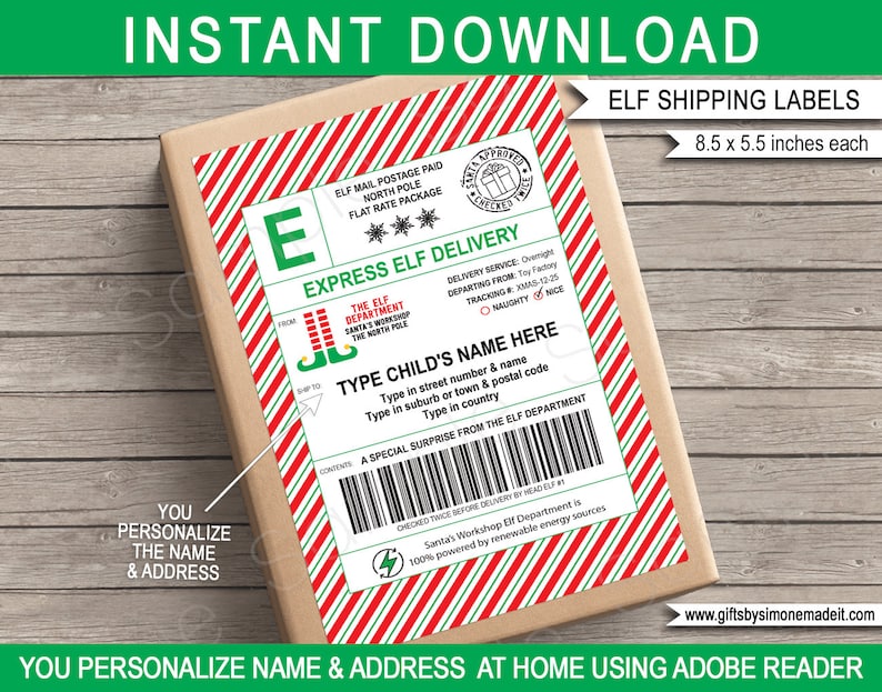 Printable Elf Shipping Labels Template - Realistic USPS Labels - North Pole Mail - Express Elf Delivery - Sleigh Mail - Christmas Gift Tags - Elf Arrival Package - Naughty or Nice List - Elf Department - Checked Twice - Instant Download